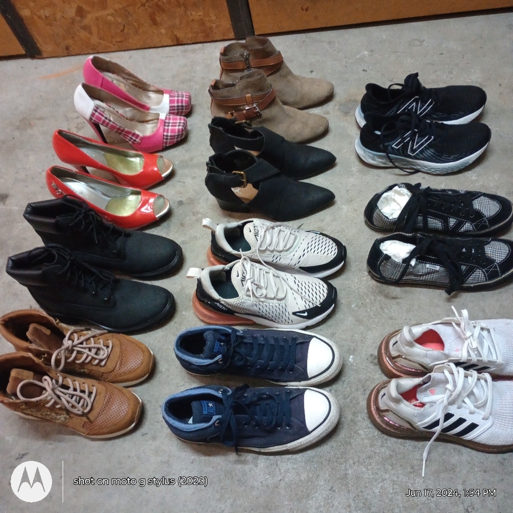 Assortment of boots/ running shoes/heels